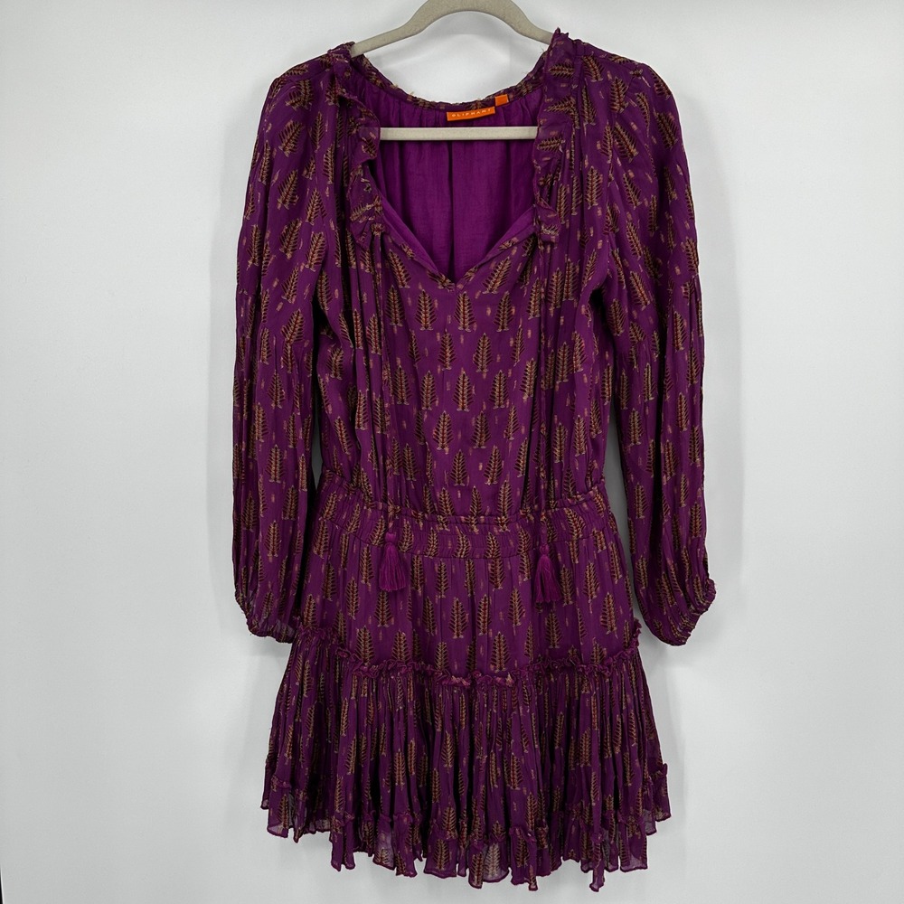 Oliphant Purple Boho Peasant Smocked Waist Ruffle Mini Dress Small Whimsical‎
